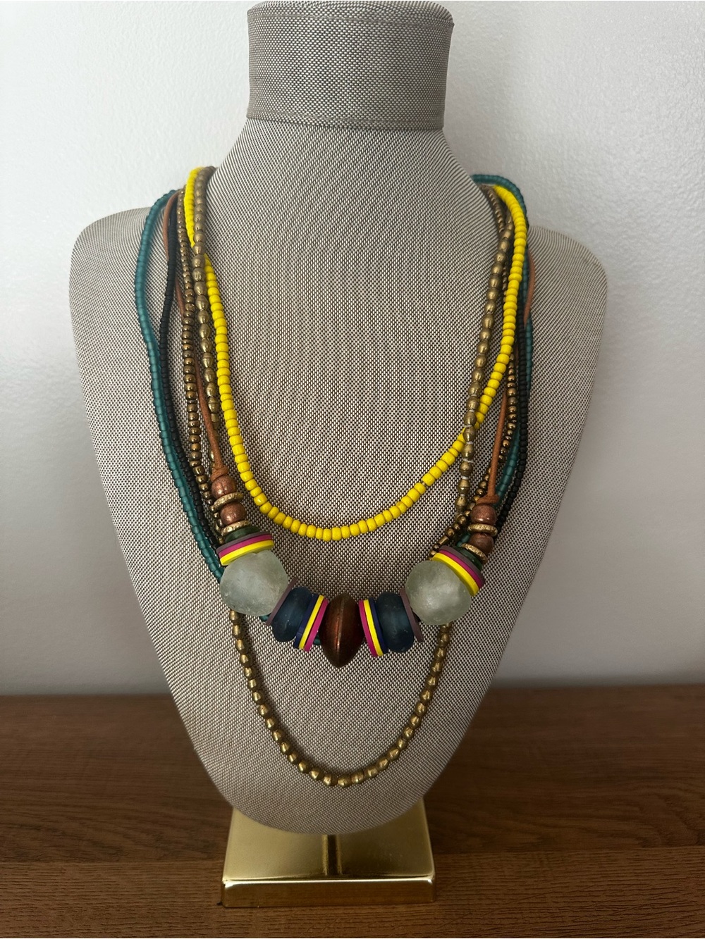 Twine & Twig Multi-Strand Yellow and Teal Beaded Statement Necklace